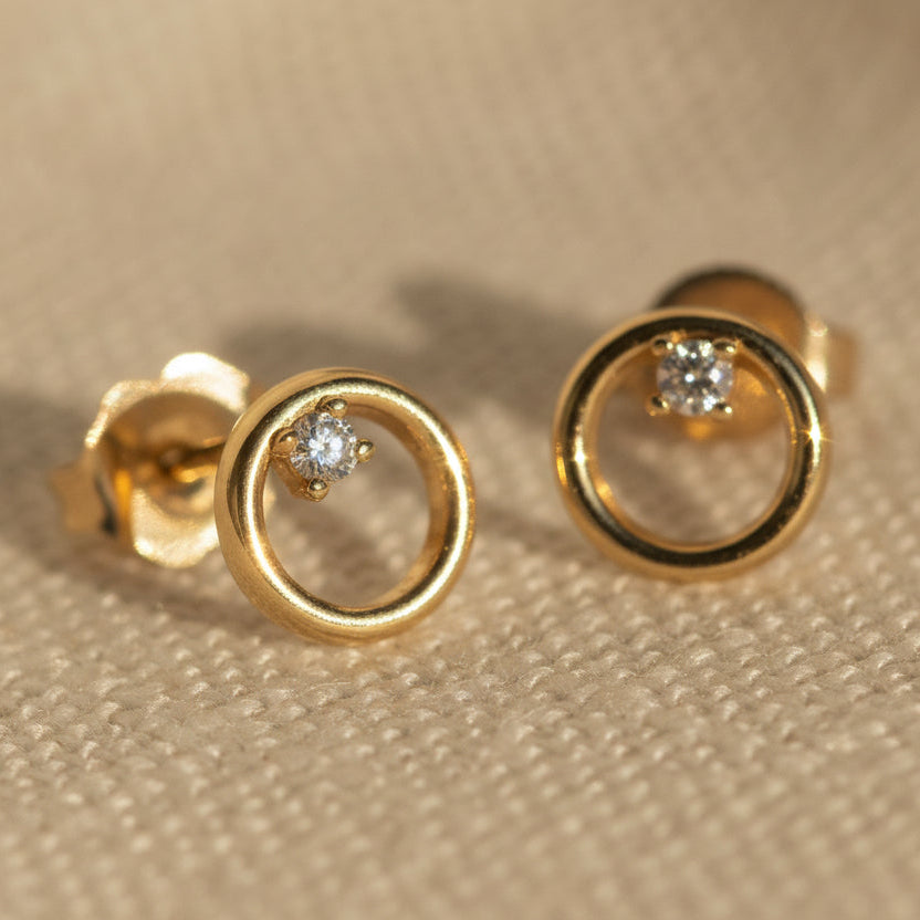 14k gold OKAY circle post earrings in studio