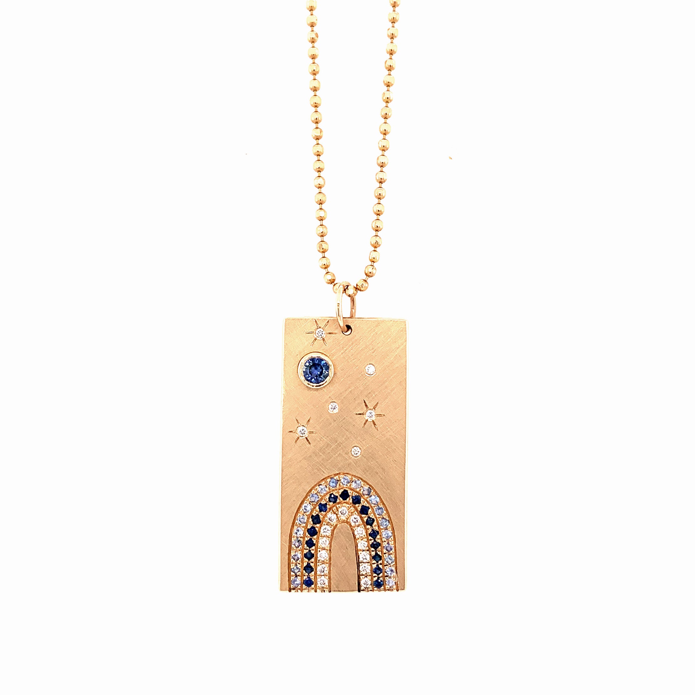 14k yellow gold HOYA vertical bar pendant with white diamonds and blue sapphires