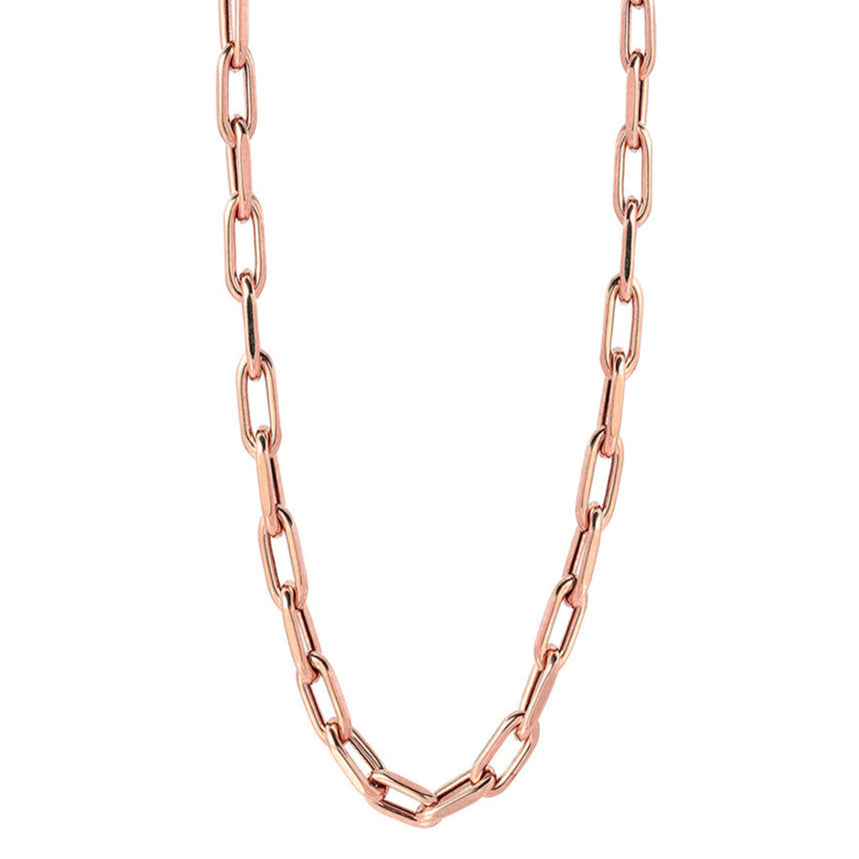 14k rose gold chunky elongated link necklace close up detail on white background.