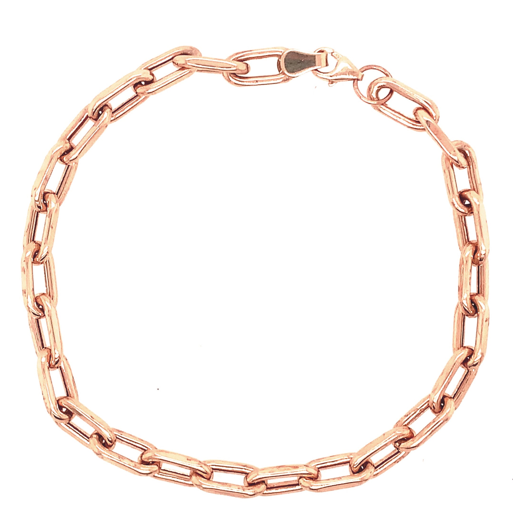 Chunky 14k Rose gold chain bracelet on a white background with lobster clasp.