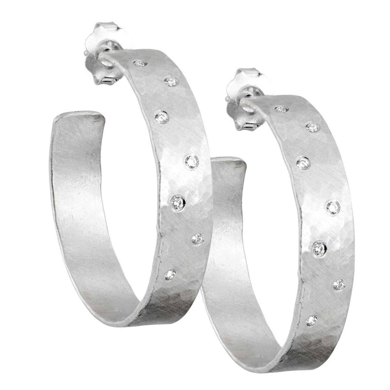 14k white gold small OPAR wide hoop earrings with scattered diamonds