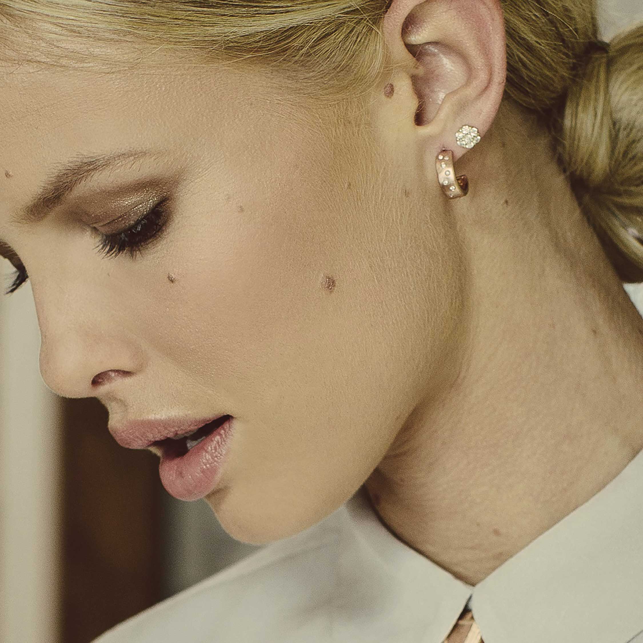 14k gold GALA cluster earrings on model