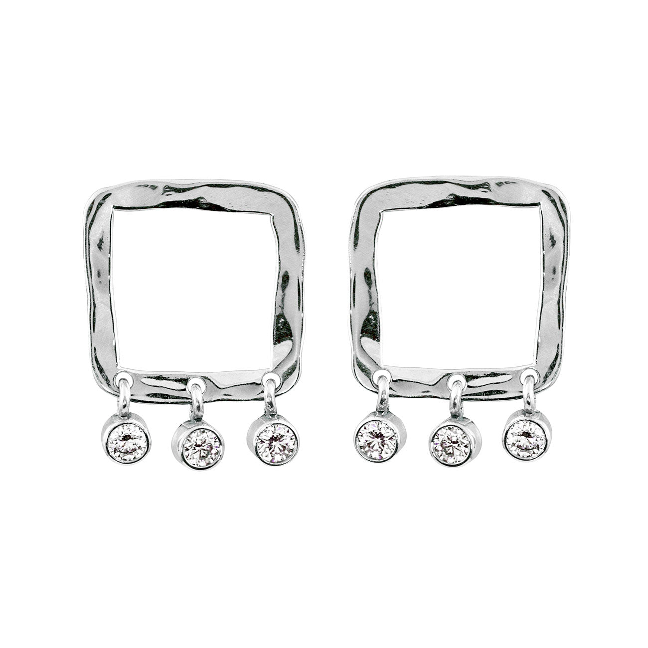 14k white gold POPI square post earring with diamond dangles
