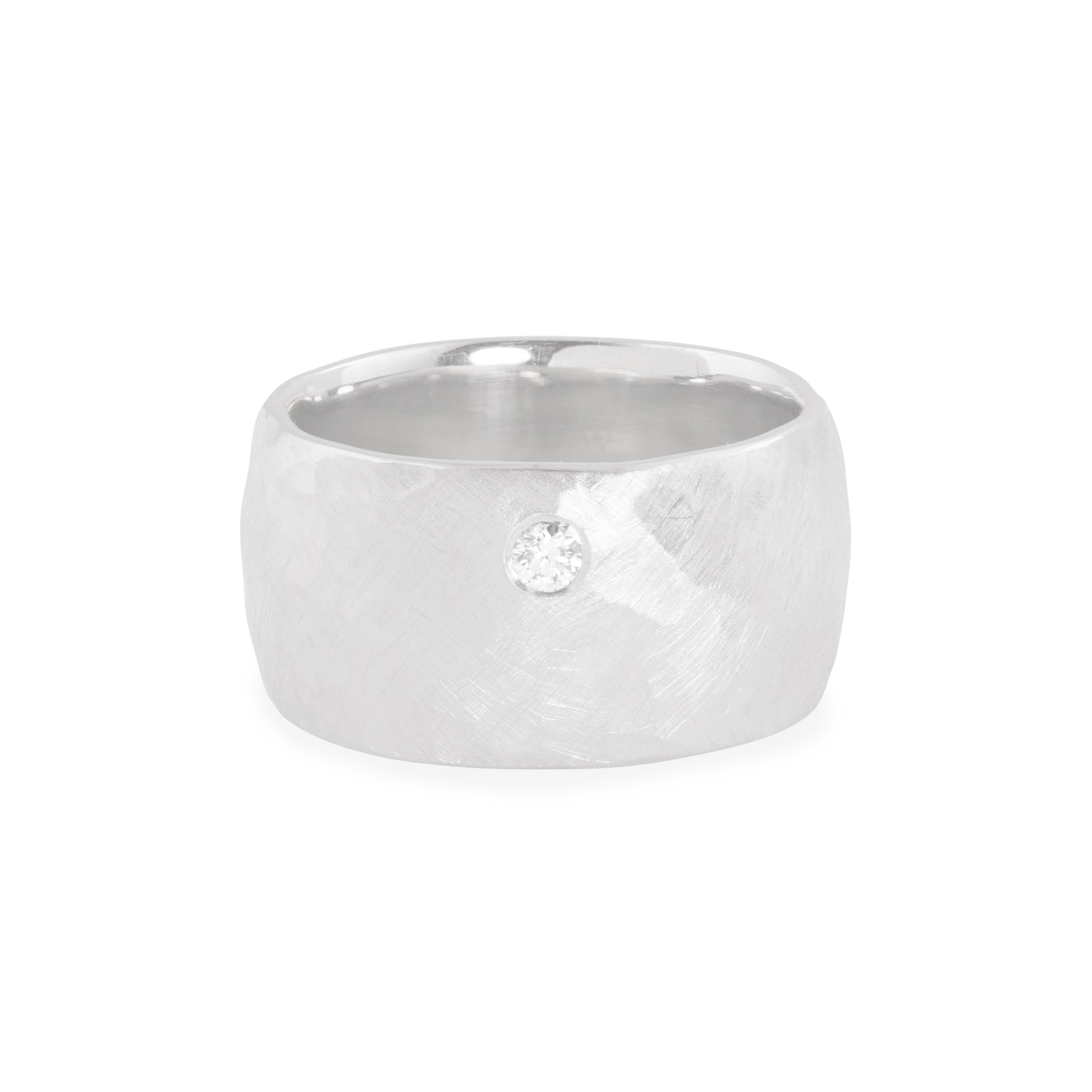 14k white gold RAMA wide hammered band ring with white diamond