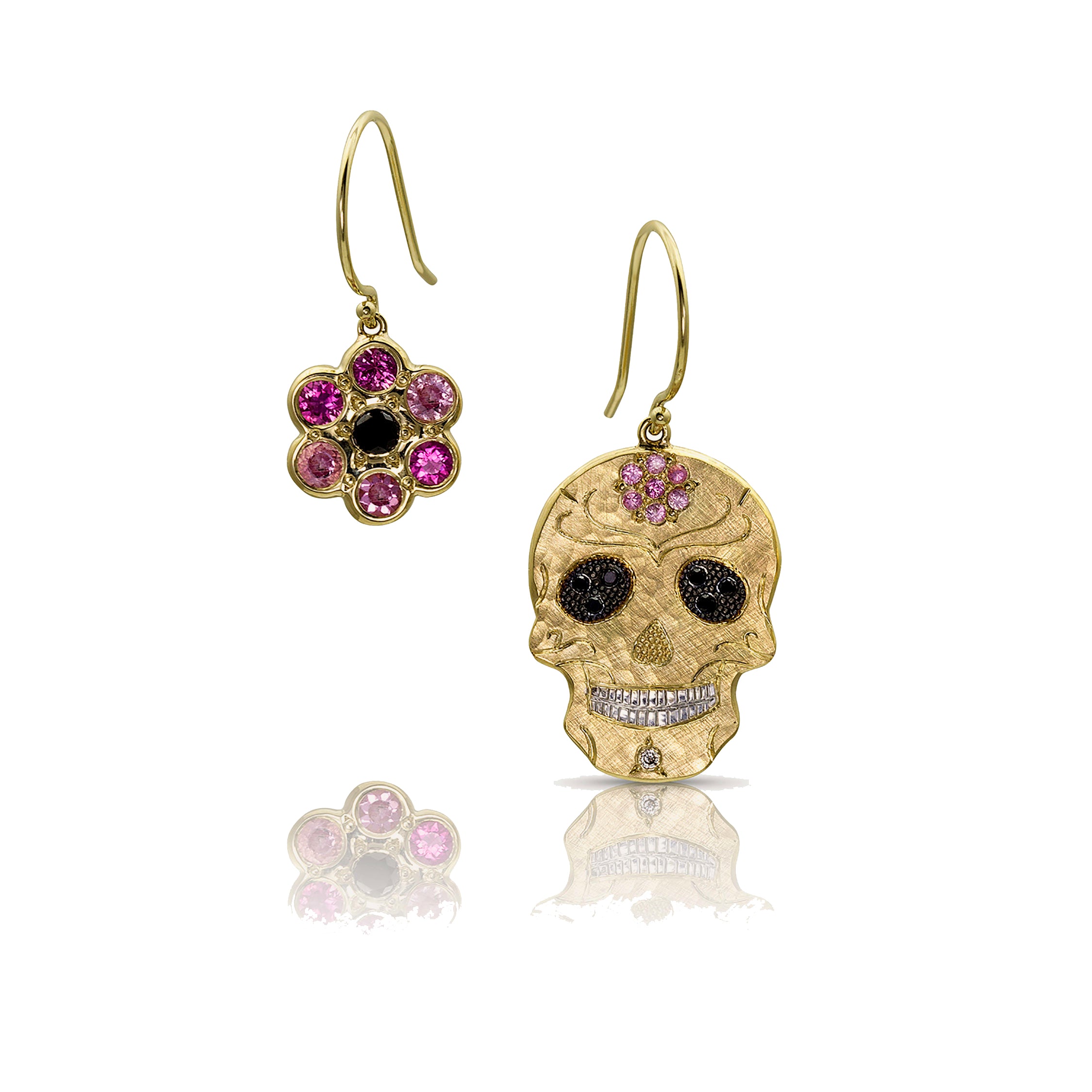 JULIETA Skull & Flower 14k Gold Earrings with Pink Sapphire & Black Diamond