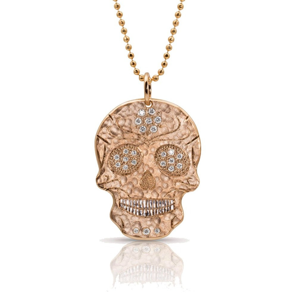 14k rose gold large SKOR Ghostrider pendant with diamond eyes and diamond flower