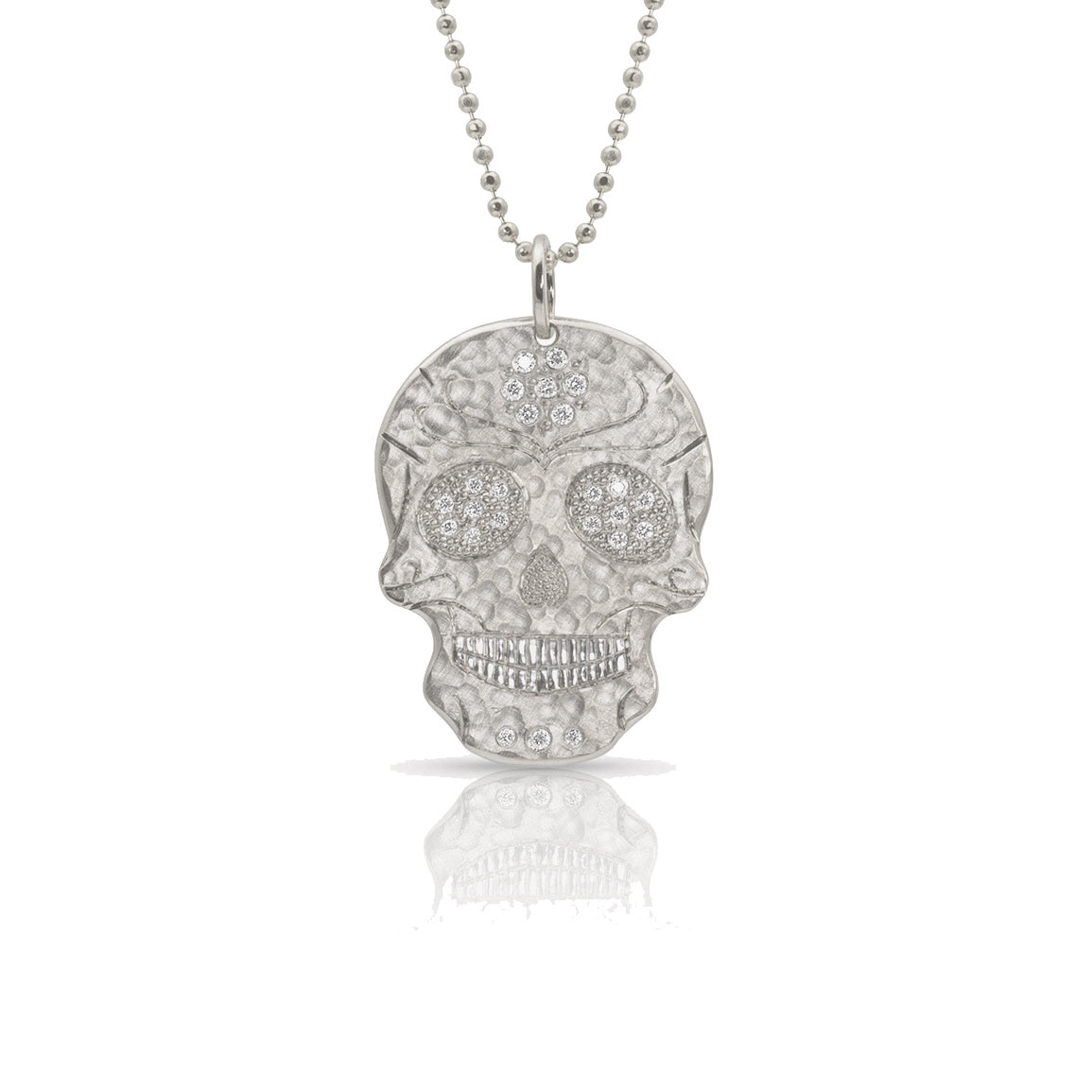 14k white gold large SKOR Ghostrider pendant with diamond eyes and diamond flower