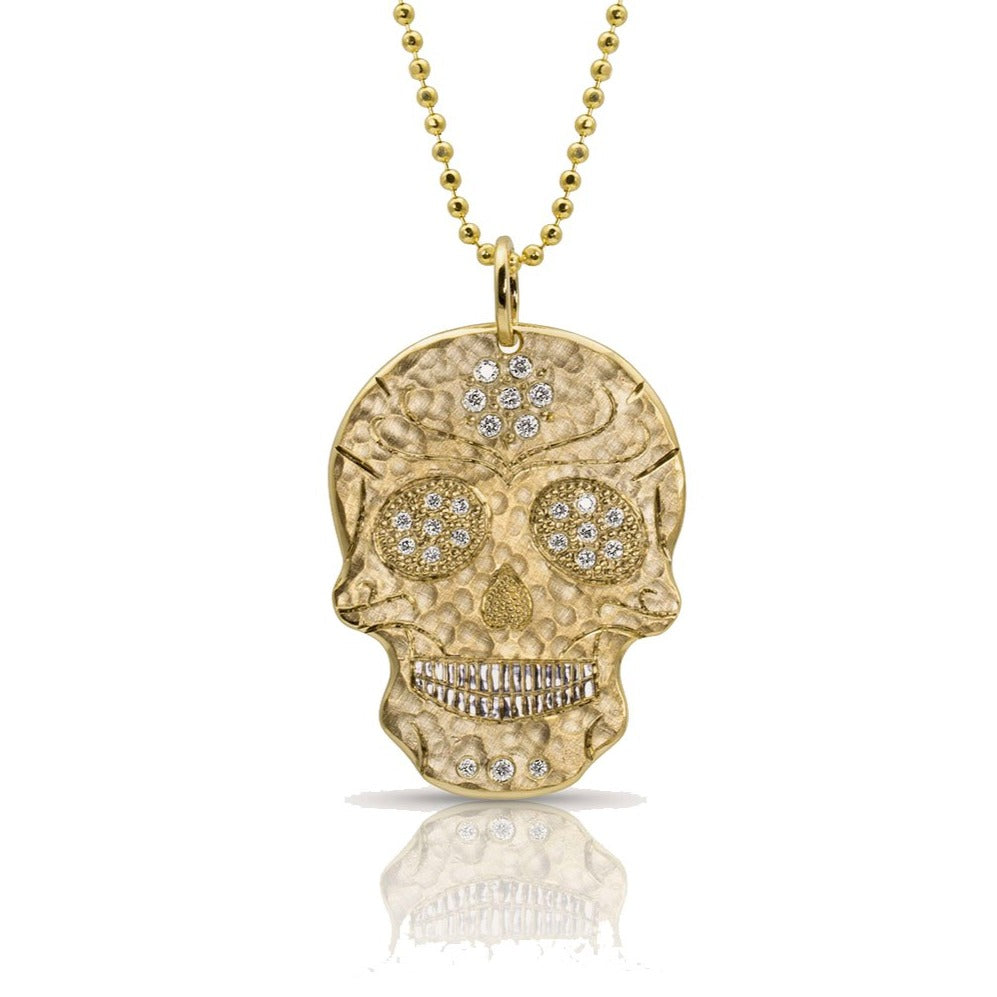 14k yellow gold large SKOR Ghostrider pendant with diamond eyes and diamond flower