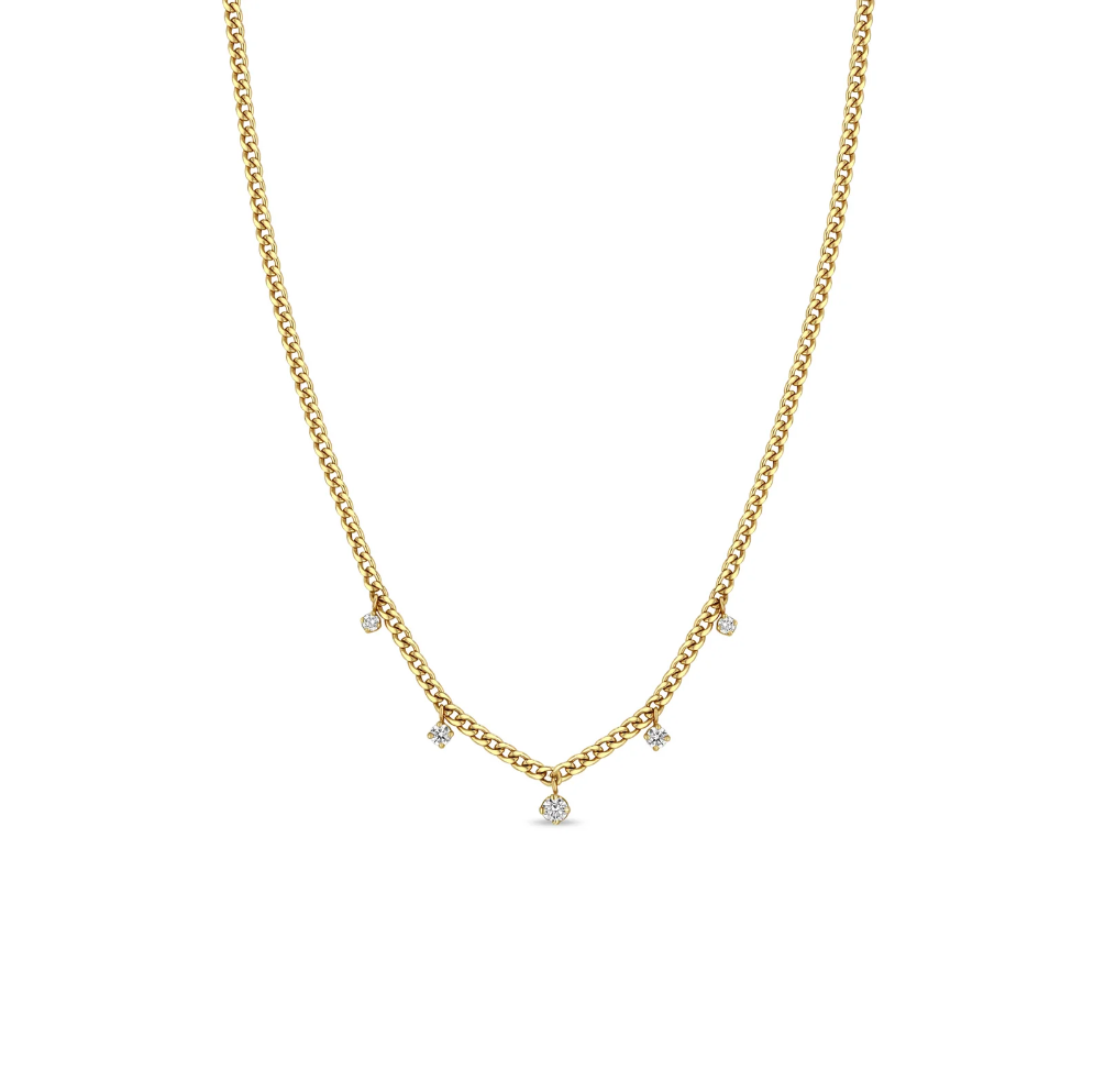 Zoe Chicco 14k - 5 Dangling Prong Diamond Extra Small Curb Chain Necklace