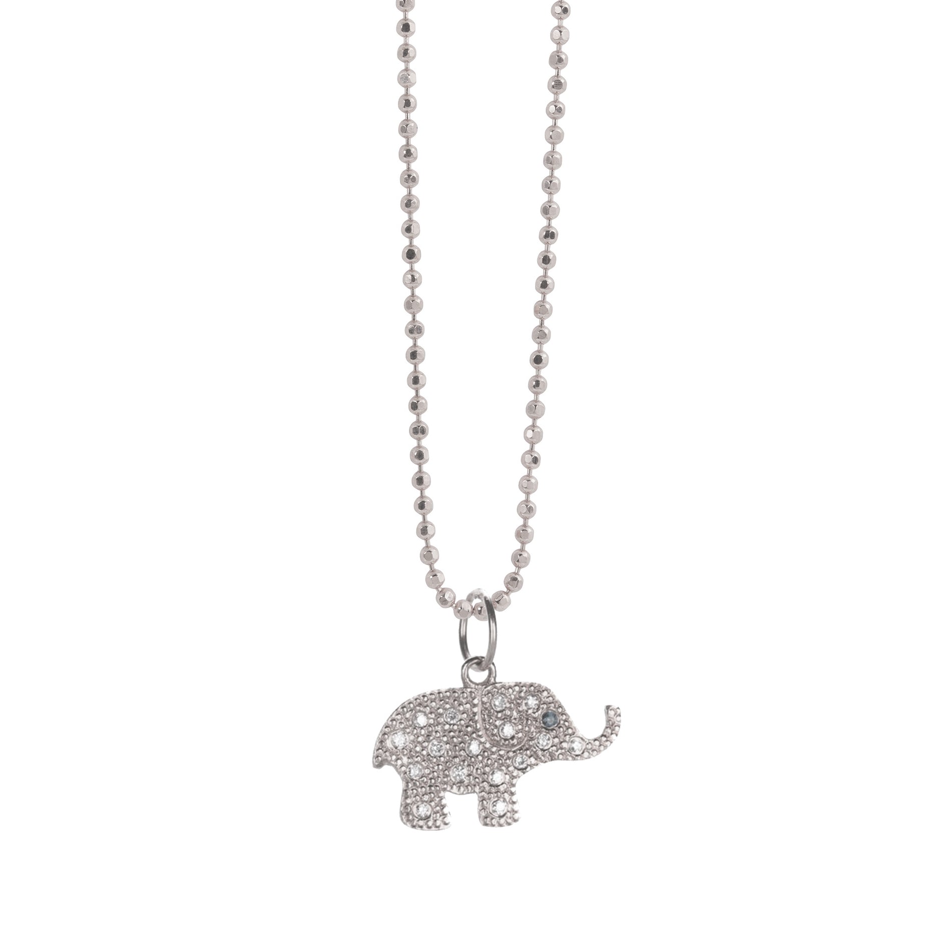 14k white gold baby ELLI elephant charm with scattered diamonds and sapphire eye