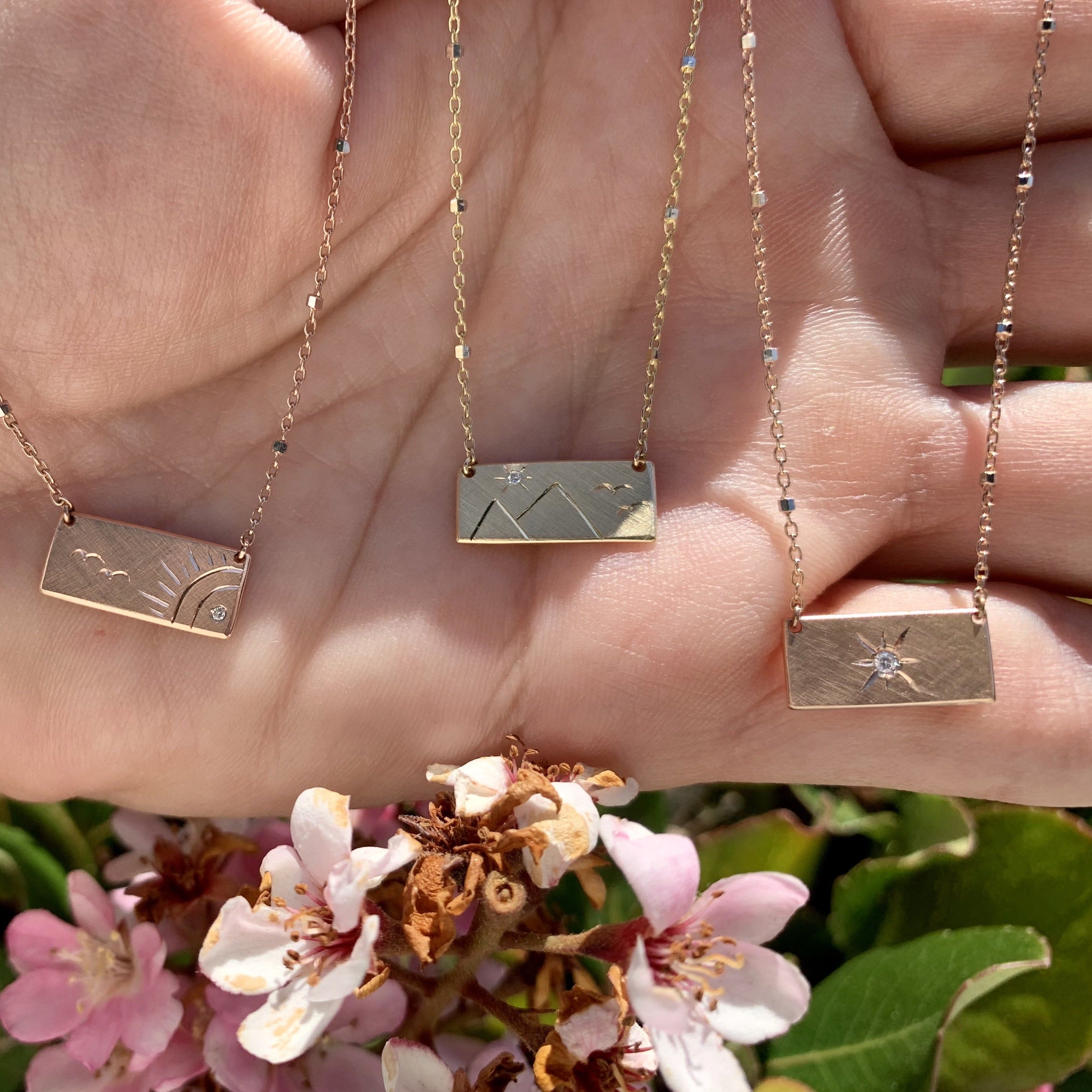 14k gold COCO, COCA and COCI bar necklaces