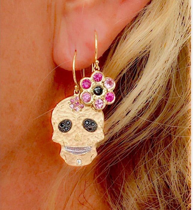 JULIETA Skull & Flower 14k Gold Earrings with Pink Sapphire & Black Diamond