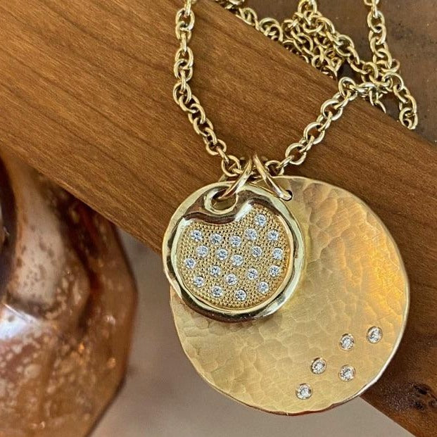 14k gold large MEGG concave medallion with 5 diamonds layered with DENA medium pendant