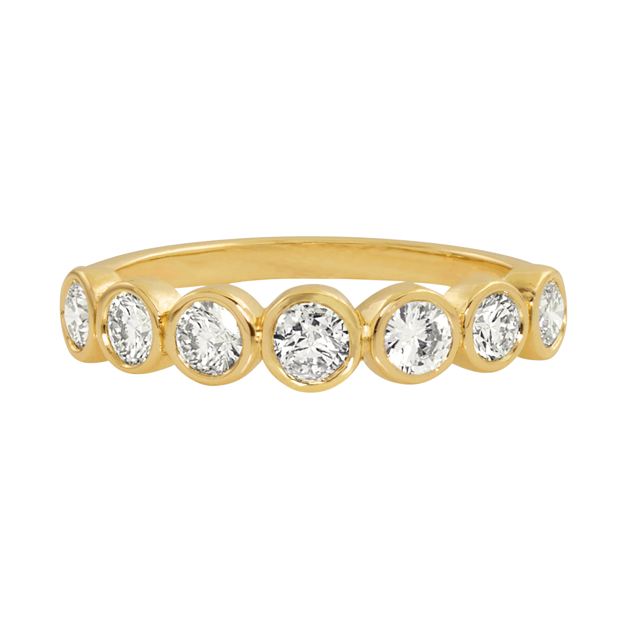 14k yellow gold bezel set diamond band by Julez Bryant featuring round brilliant diamonds in a smooth, modern half eternity design.