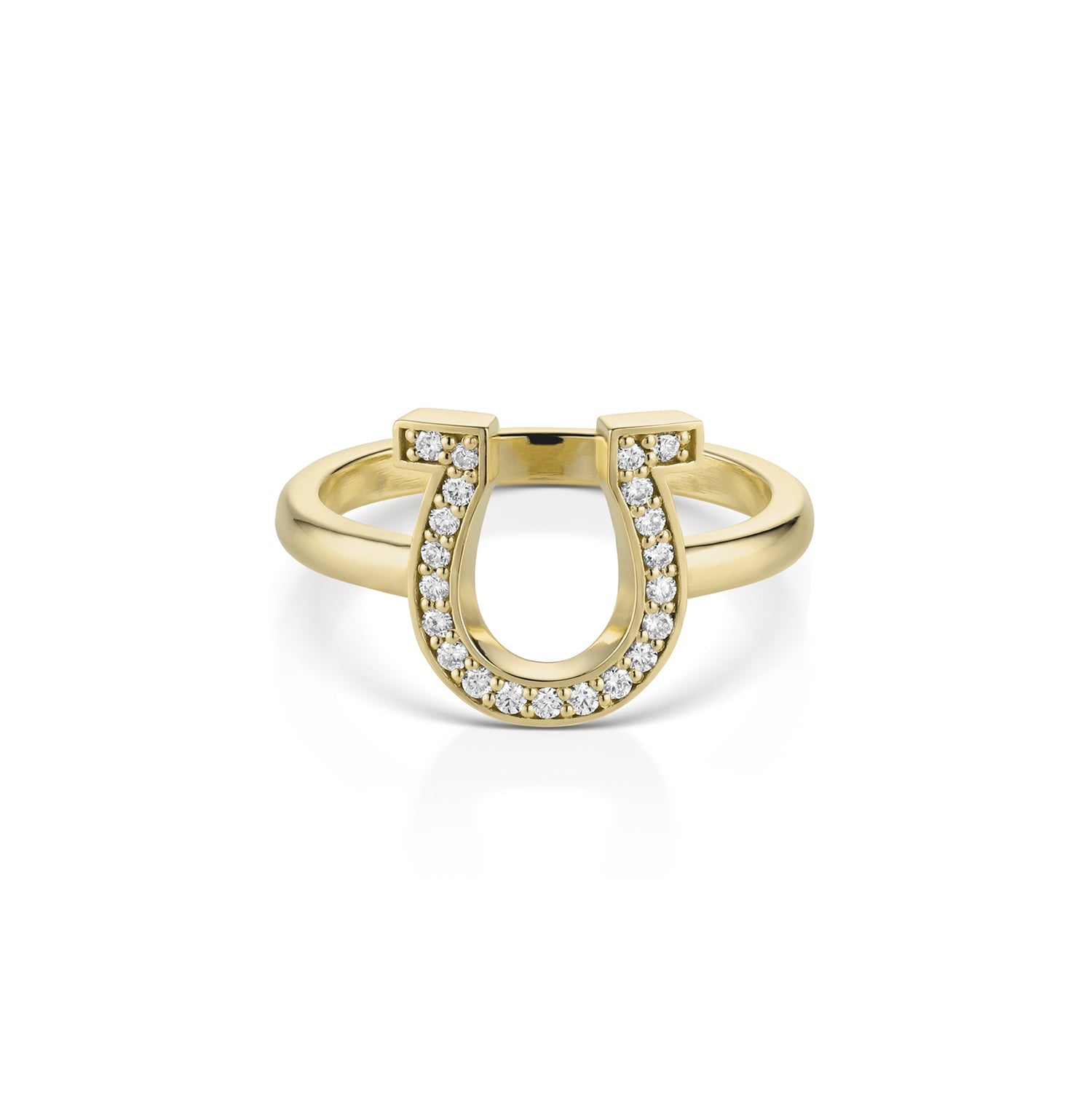 14k yellow gold horseshoe ring with white diamonds on a white background