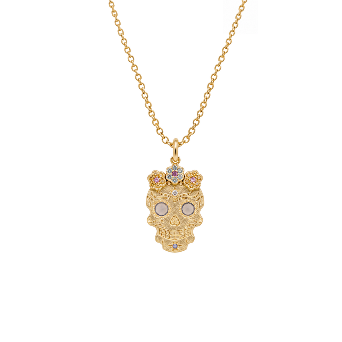 14k gold skor pendant with raised flower crown and sapphire eyes on white background