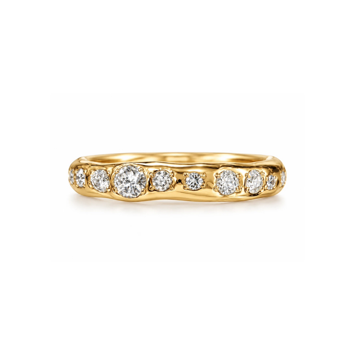 14k gold organic band with mixed white diamonds on white background