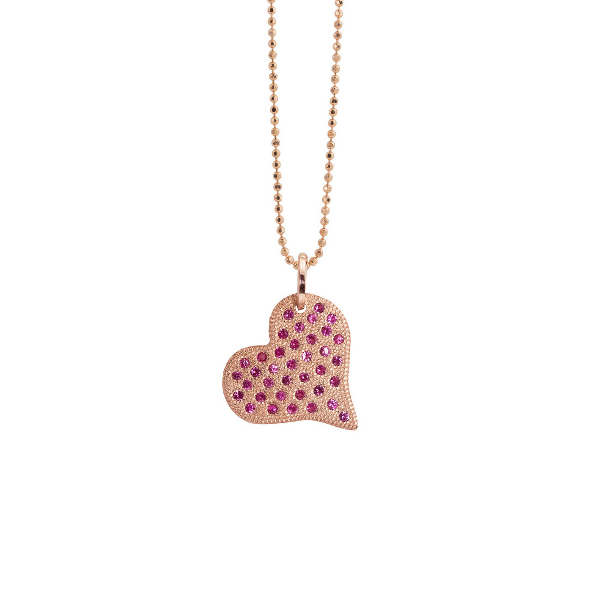 14k gold pave set pink sapphire heart pendant on white background