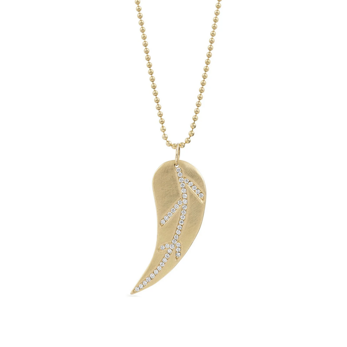 14k gold leaf pendant with pave set white diamonds on a white background