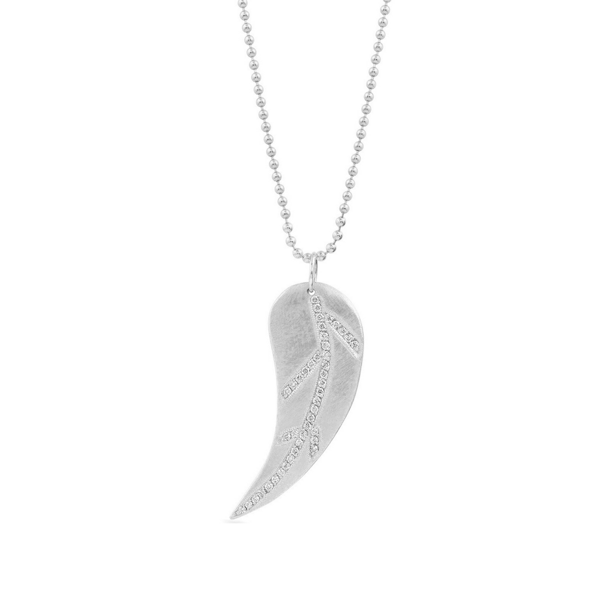 14k gold leaf pendant with pave set white diamonds on a white background