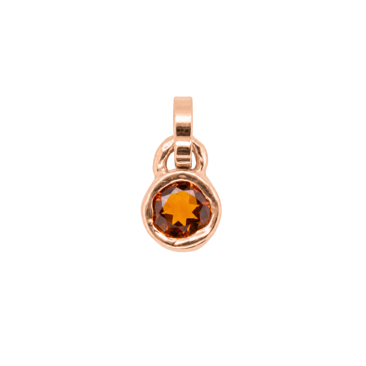 14k gold pendant with bezel set mandarin garnet on white background