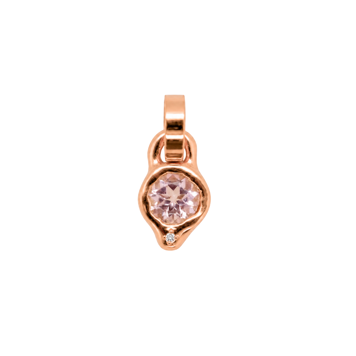 14k gold pendant with bezel set morganite on white background