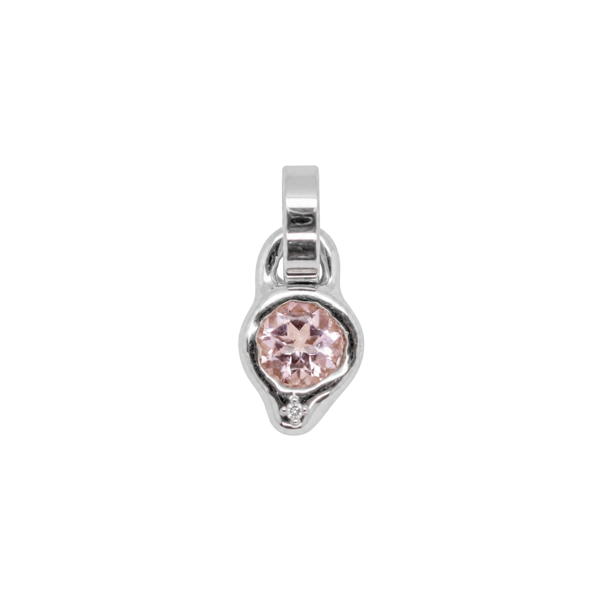 14k gold pendant with bezel set morganite on white background