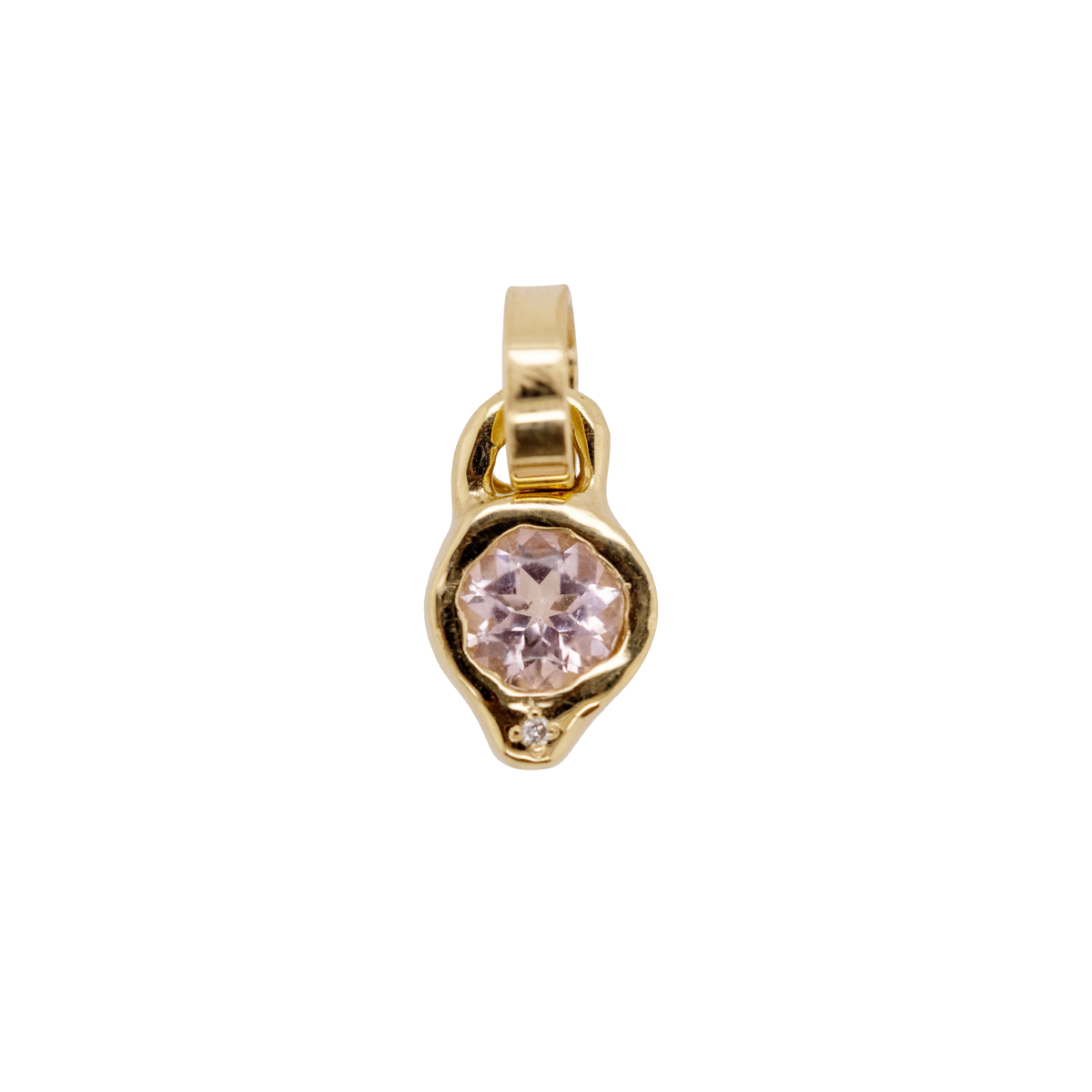 14k gold pendant with bezel set morganite on white background
