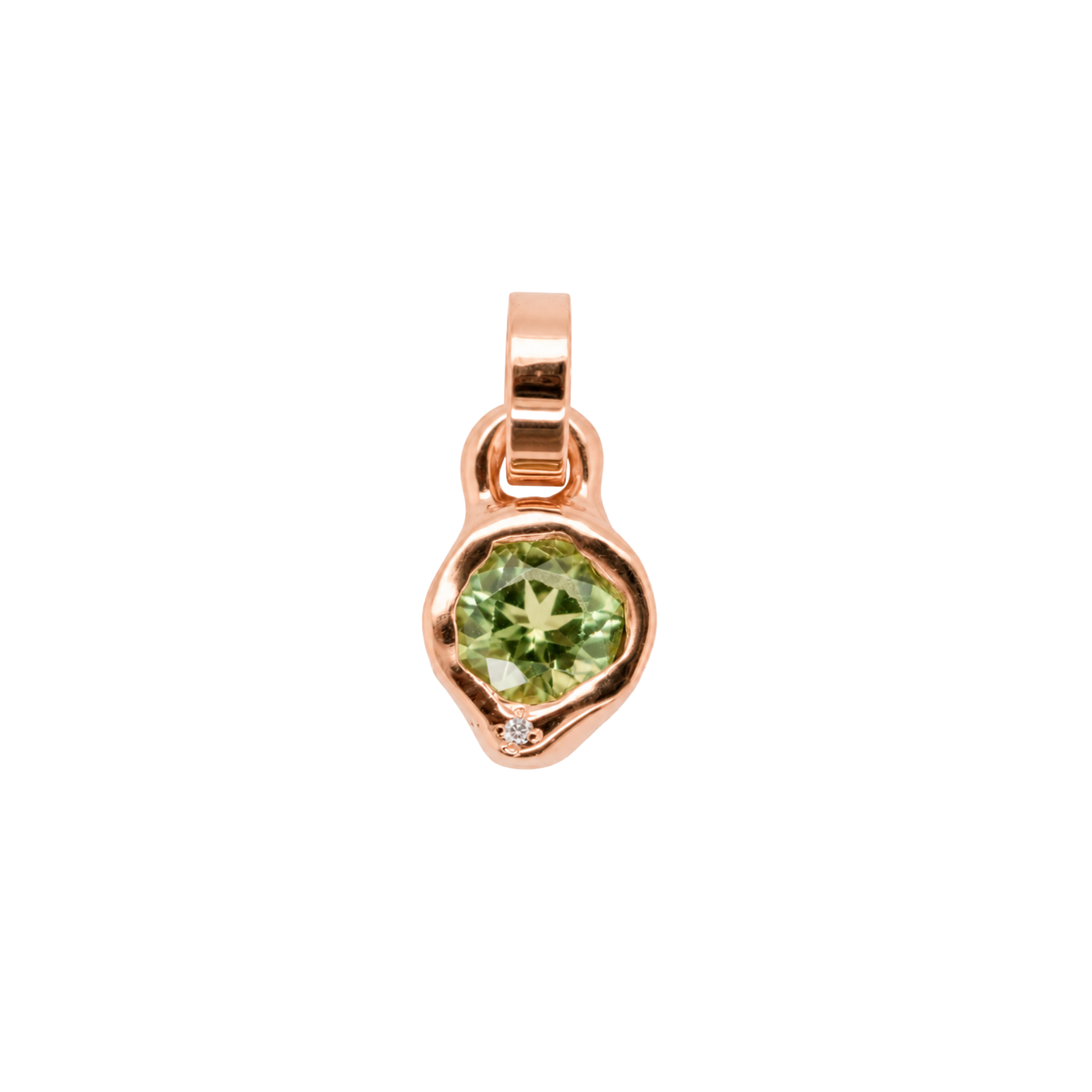 14k gold pendant with bezel set peridot on white background