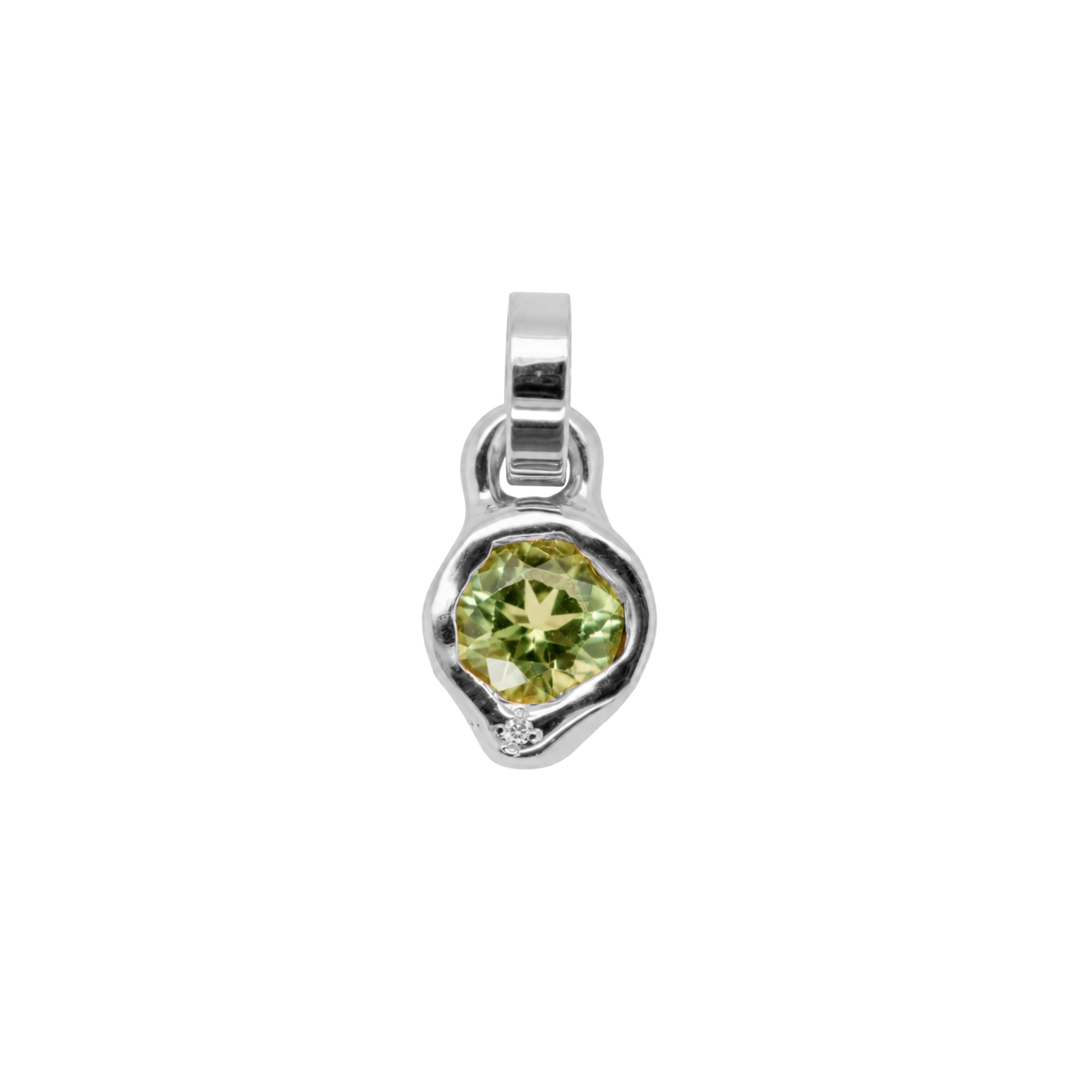14k gold pendant with bezel set peridot on white background