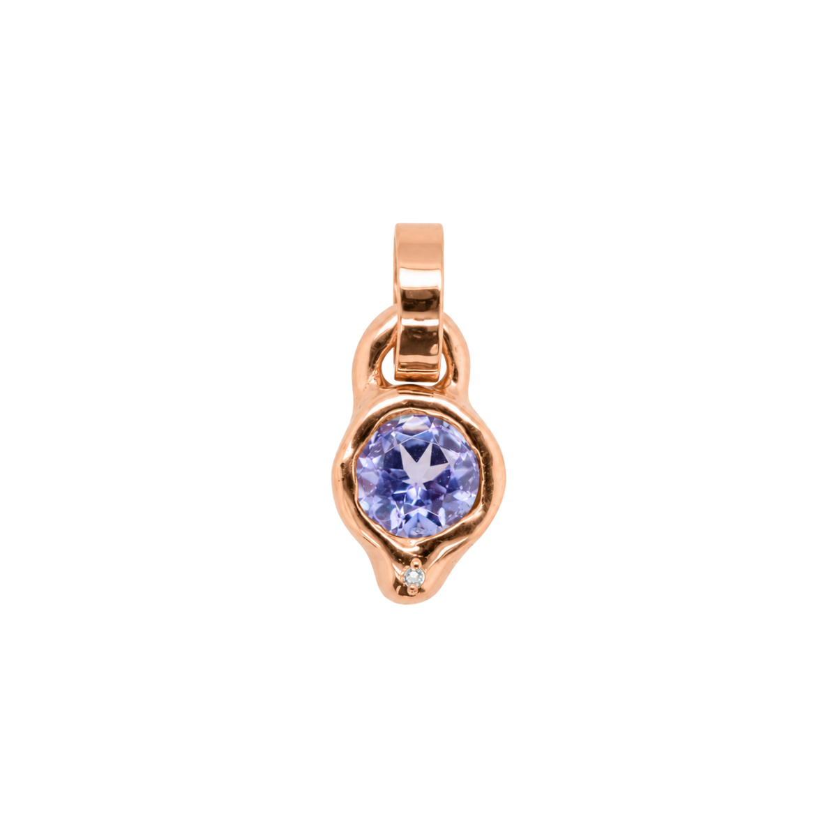14k gold pendant with bezel set tanzanite on white background