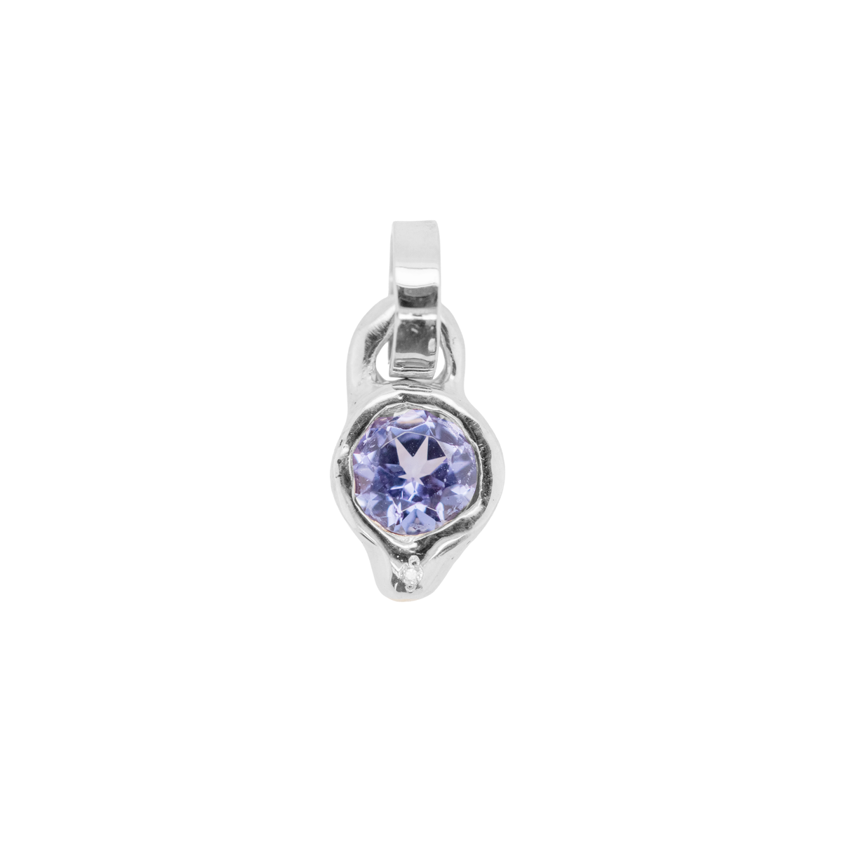 14k gold pendant with bezel set tanzanite on white background
