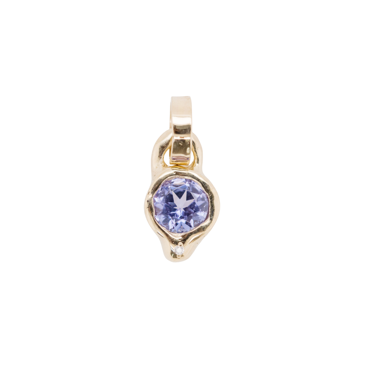 14k gold pendant with bezel set tanzanite on white background