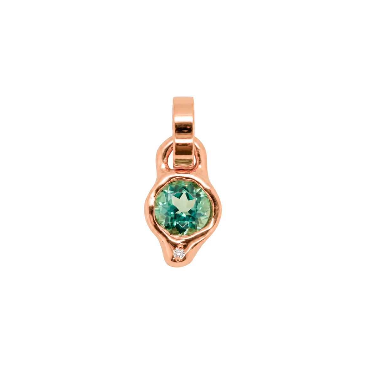 14k gold pendant with bezel set tourmaline on white background