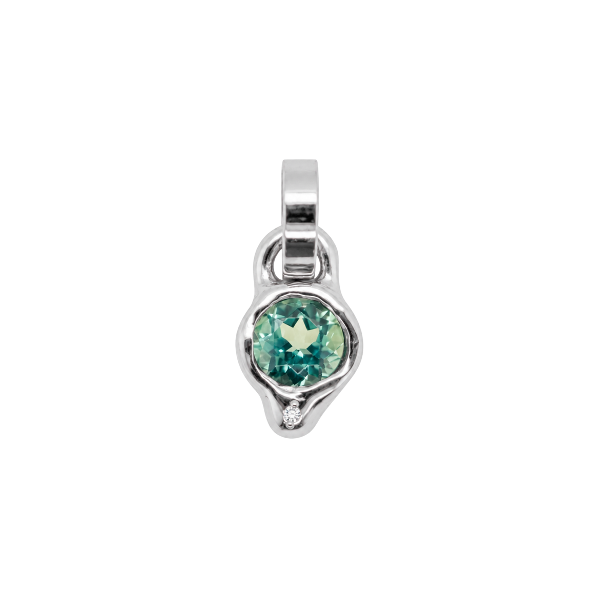 14k gold pendant with bezel set tourmaline on white background
