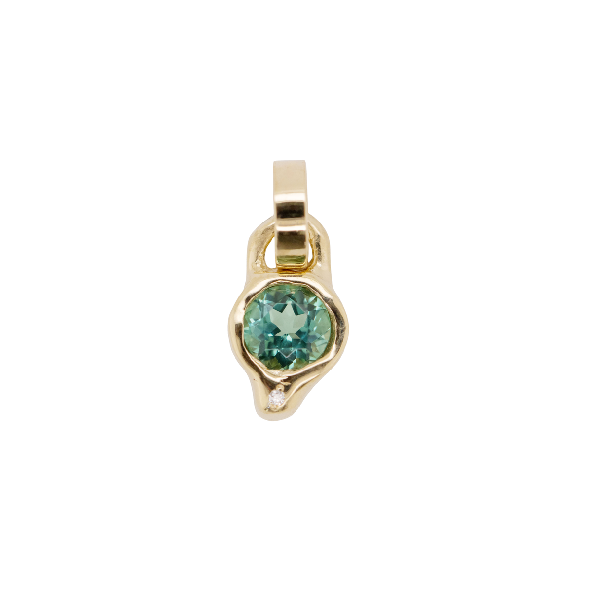 14k gold pendant with bezel set tourmaline on white background