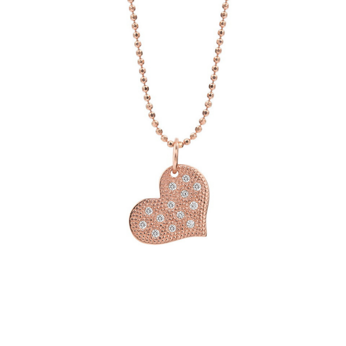 14k gold pave white diamond beaded heart pendant on white background