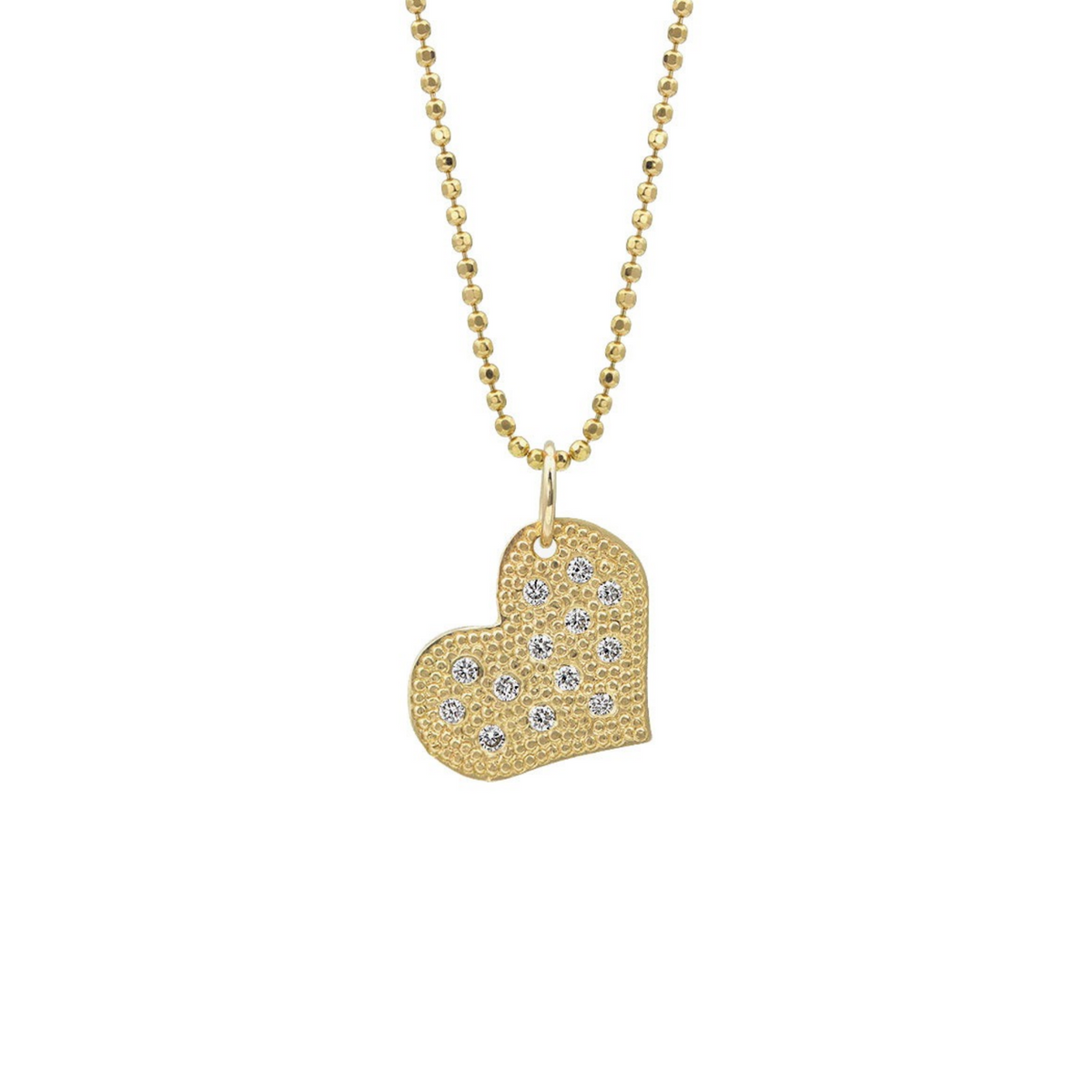 14k gold pave white diamond beaded heart pendant on white background
