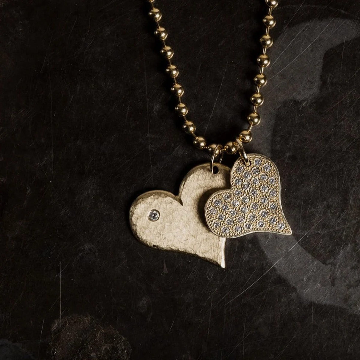 14k gold pave white diamond beaded heart pendant in lifestyle shot