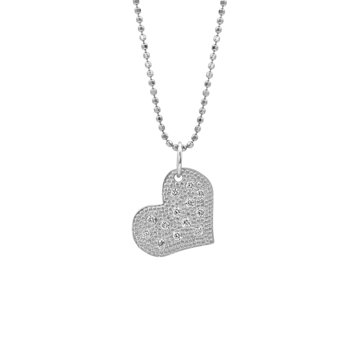 14k gold pave white diamond beaded heart pendant on white background
