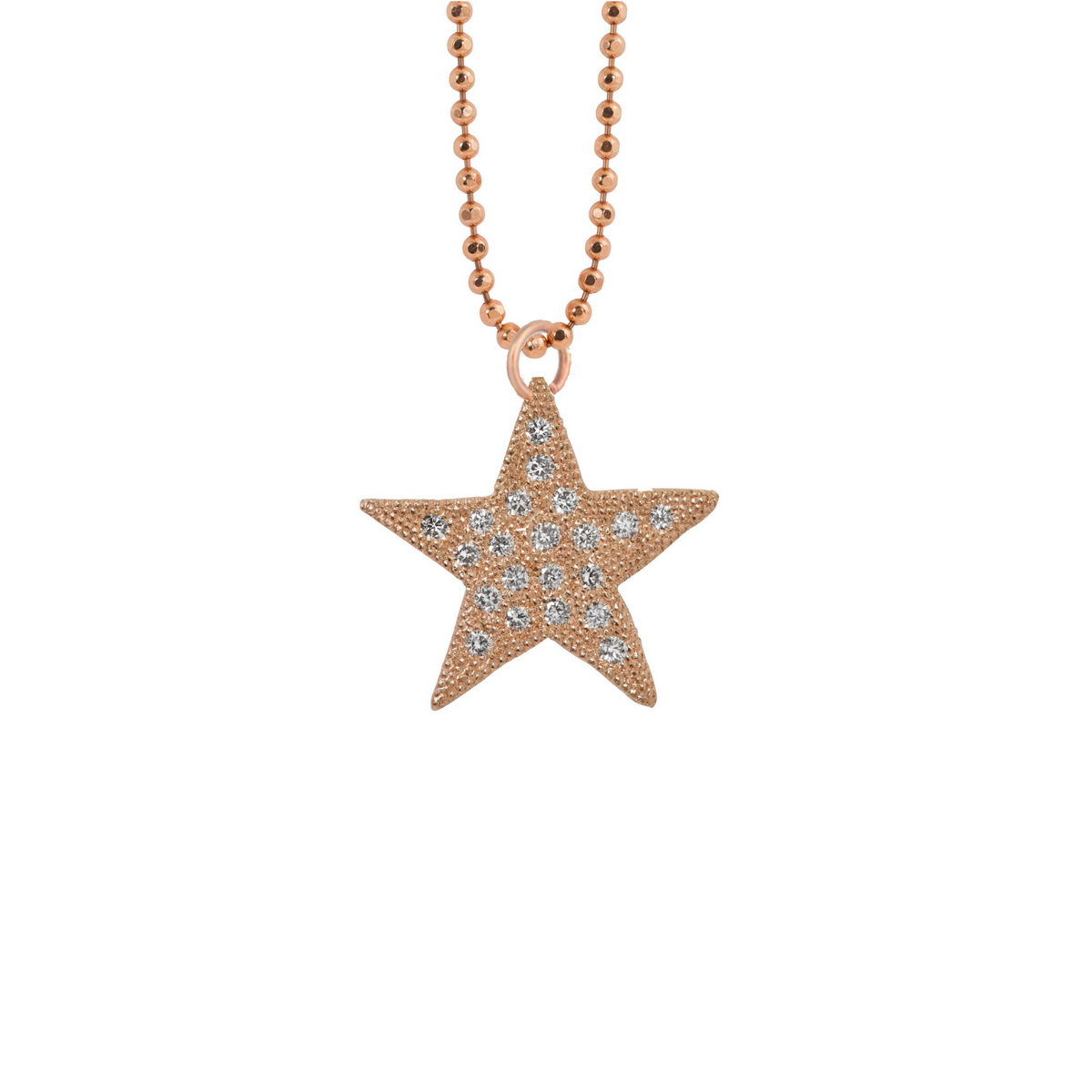 14k gold star pendant with pave set white diamonds on white background