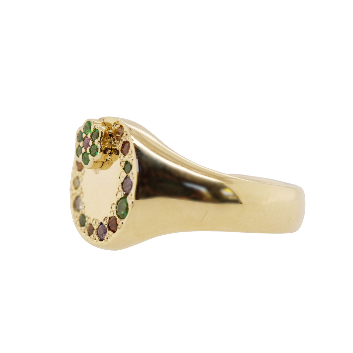 14k gold signet ring with colored sapphires and raised flower on white background side view