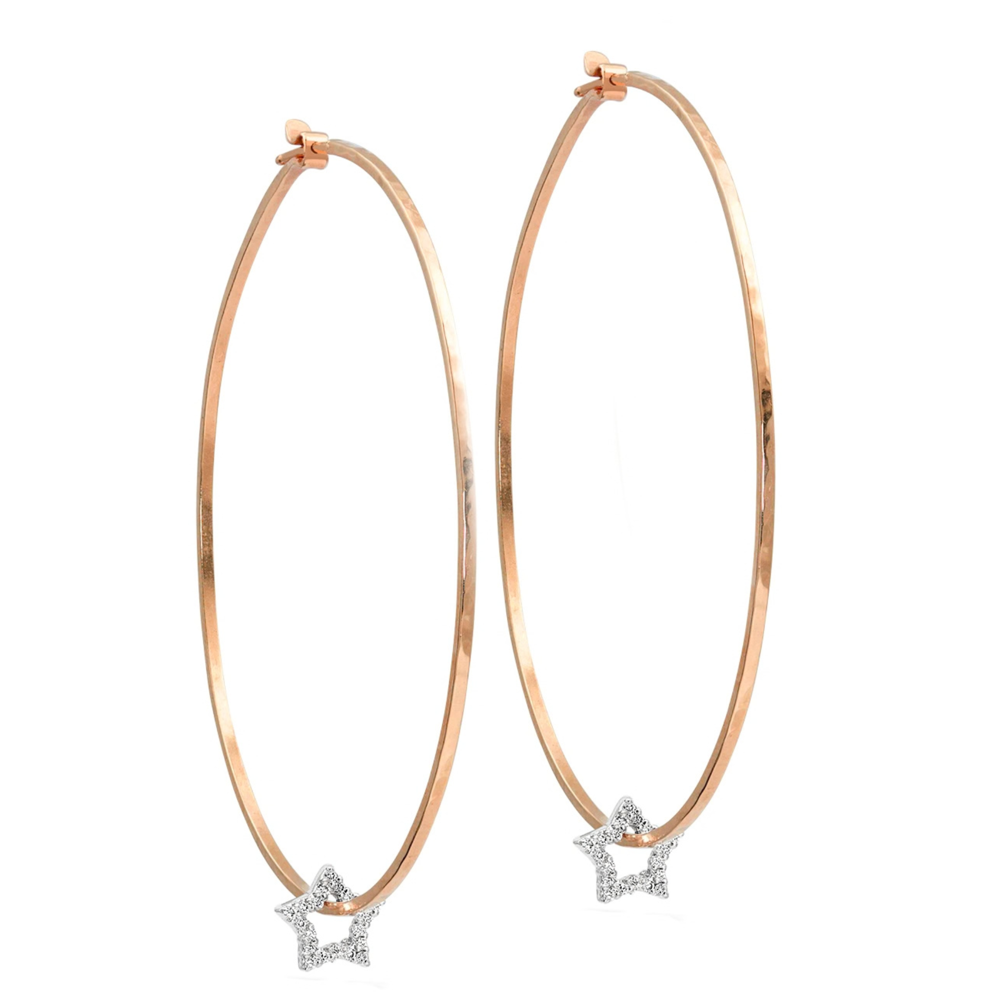 14k rose gold hammered wire hoop earrings with white gold white diamond star charms on white background