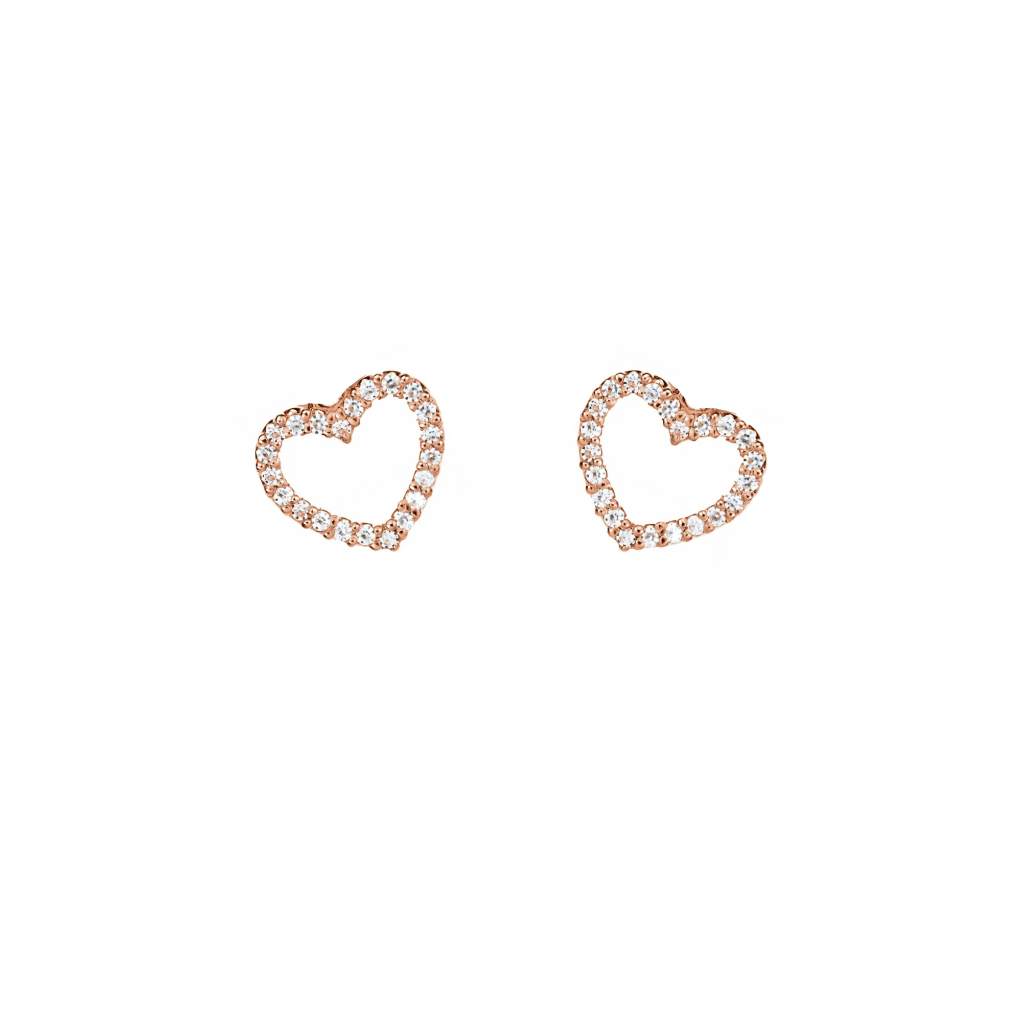 14k rose gold pave set white diamond heart charm earrings on white background
