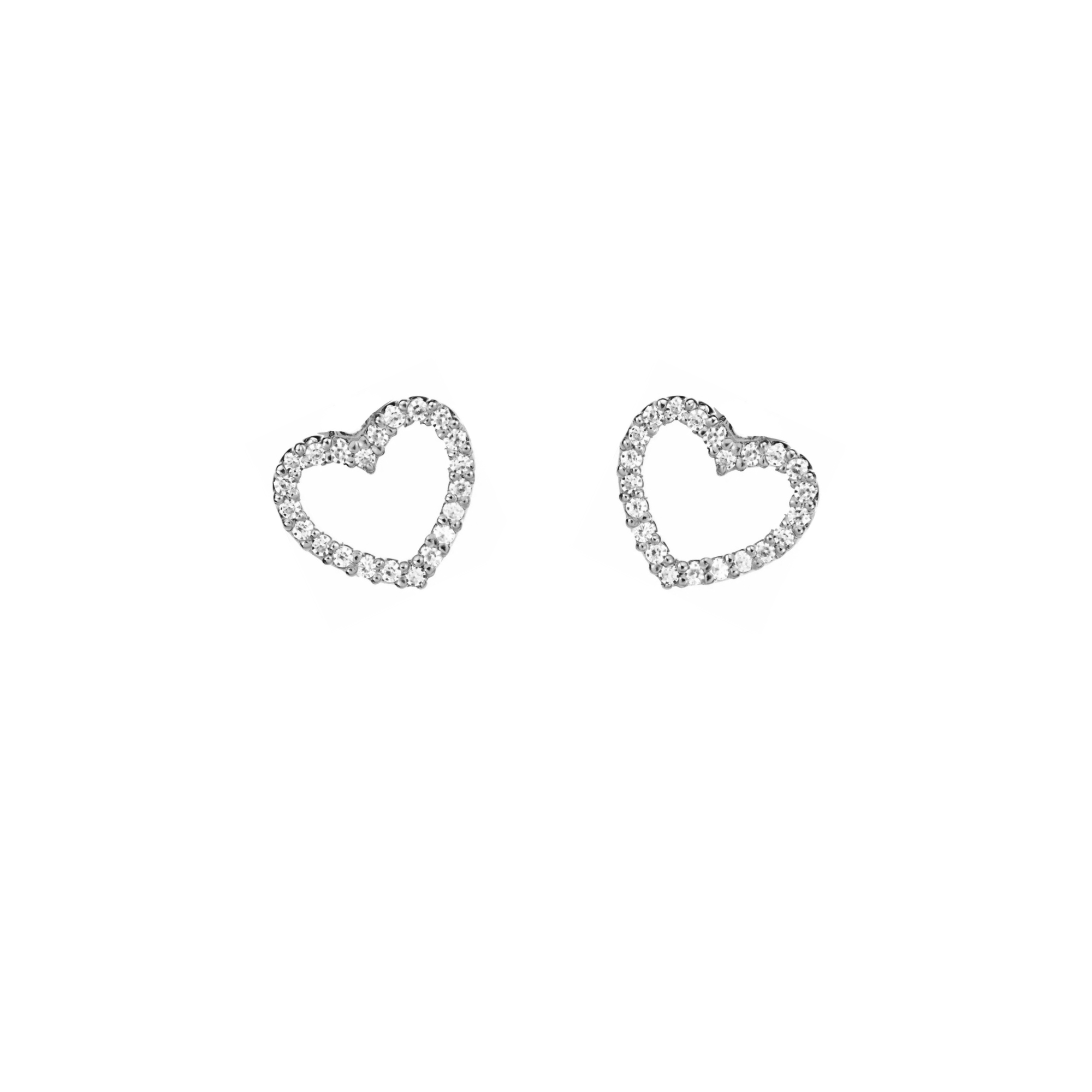 14k white gold pave set white diamond heart charm earrings on white background