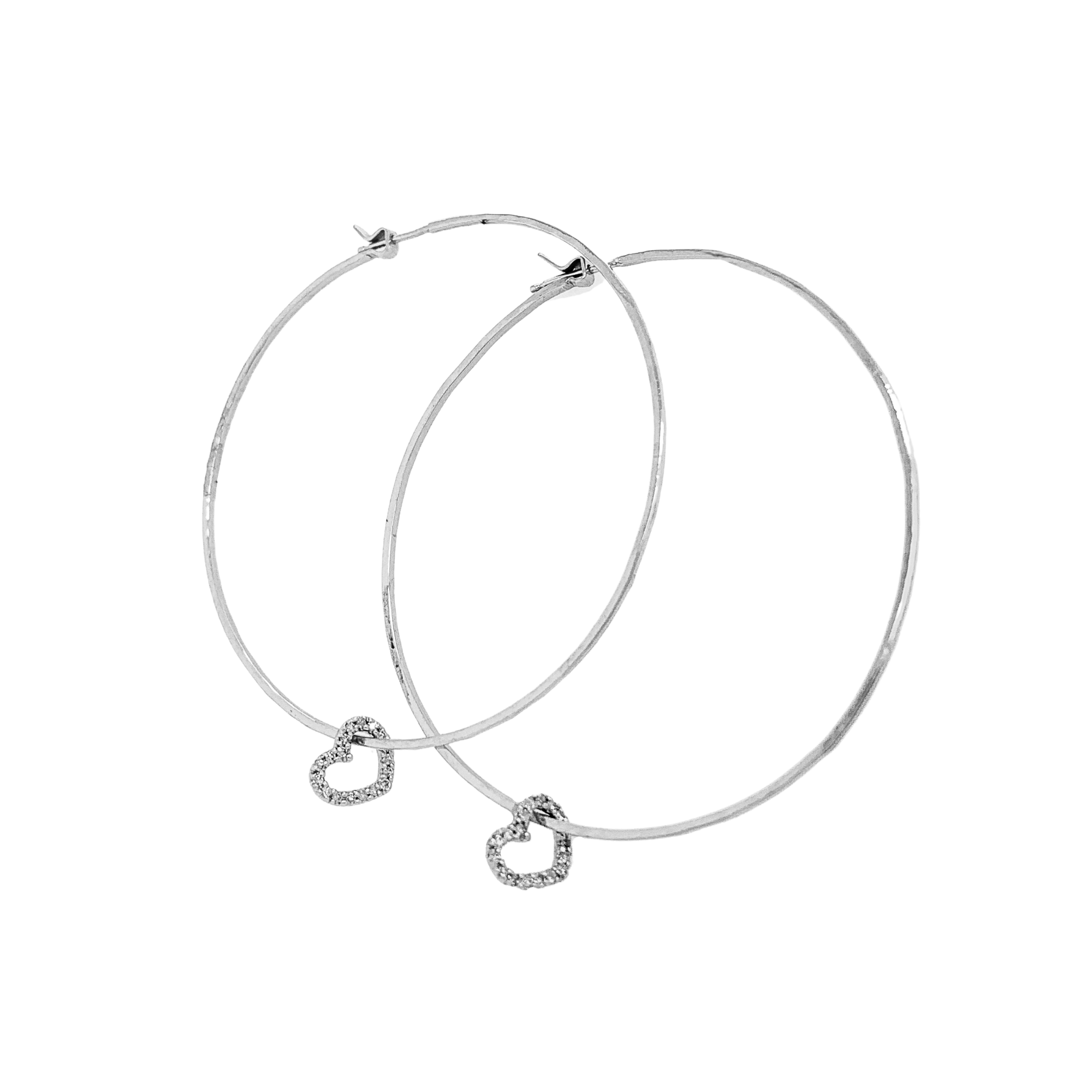 14k white gold pave set white diamond heart charm earrings on white background