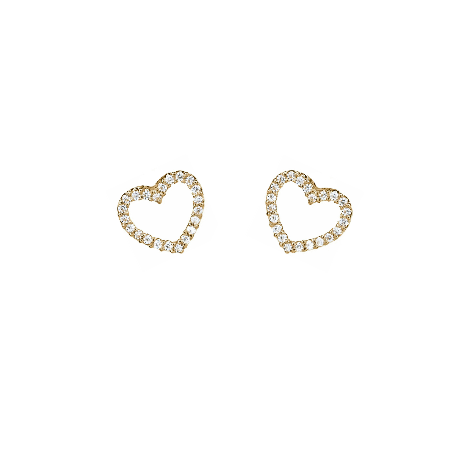 14k yellow gold pave set white diamond heart charm earrings on white background