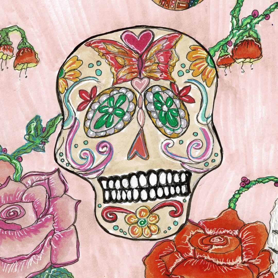 Custom Drawing by Julez Bryant of sugar skill inspiration drawing. Vibrant pinks, fuschia and red drawing of skull adorned with flowers, paisly pattern and butterfly on the forehead.