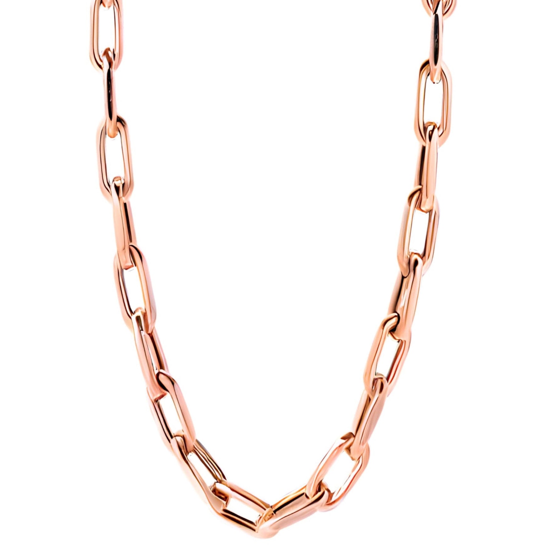 Chunky elongated gold link necklace detail shown in rose gold on white background.