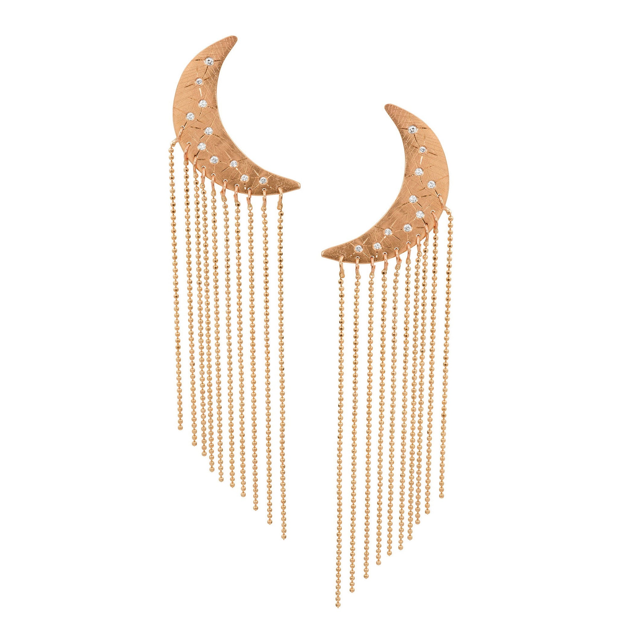 14k rose gold x-large ALDA moon post earrings with chain fringe